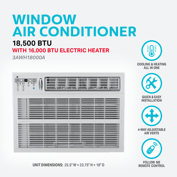 18,000 BTU 230V Cool/Heat Window Air Conditioner with Electric Heat, Follow-Me Remote control