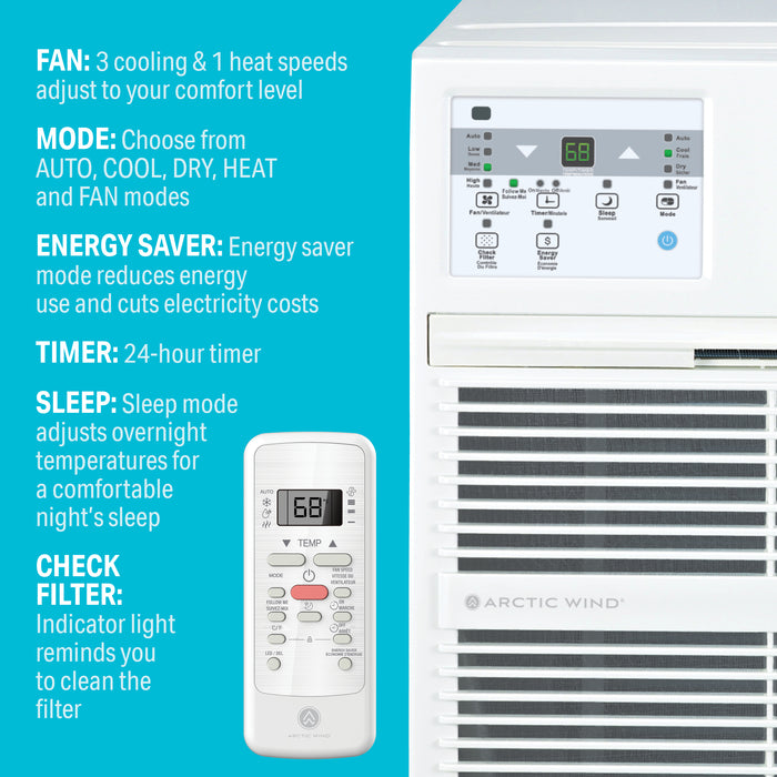 10,000 BTU 230V Through-the-Wall Air Conditioner with 10,600 BTU Electric Heater, Follow-Me Remote Control