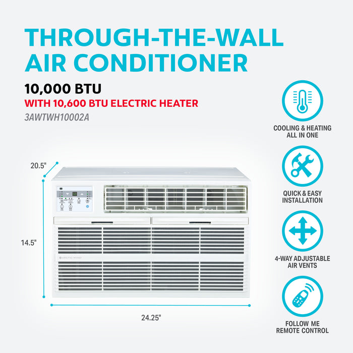 10,000 BTU 230V Through-the-Wall Air Conditioner with 10,600 BTU Electric Heater, Follow-Me Remote Control