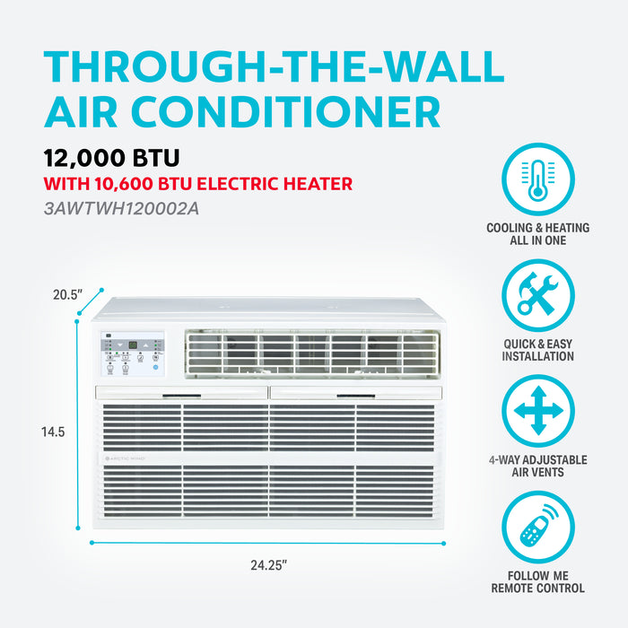 12,000 BTU 230V Through-the-Wall Air Conditioner with 10,600 BTU Electric Heater, Follow-Me Remote Control